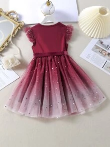 SHEIN Toddler Girls Ombre Galaxy Mesh Panel Belted Dress - Burgundy - View 2
