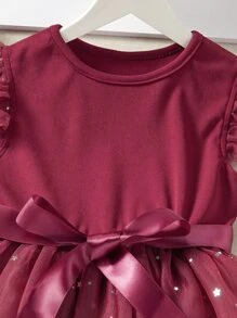 SHEIN Toddler Girls Ombre Galaxy Mesh Panel Belted Dress - Burgundy - View 4