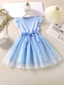Niñitas Vestido con cinturón con estrella de malla ribete con fruncido - Celeste - Ver 1