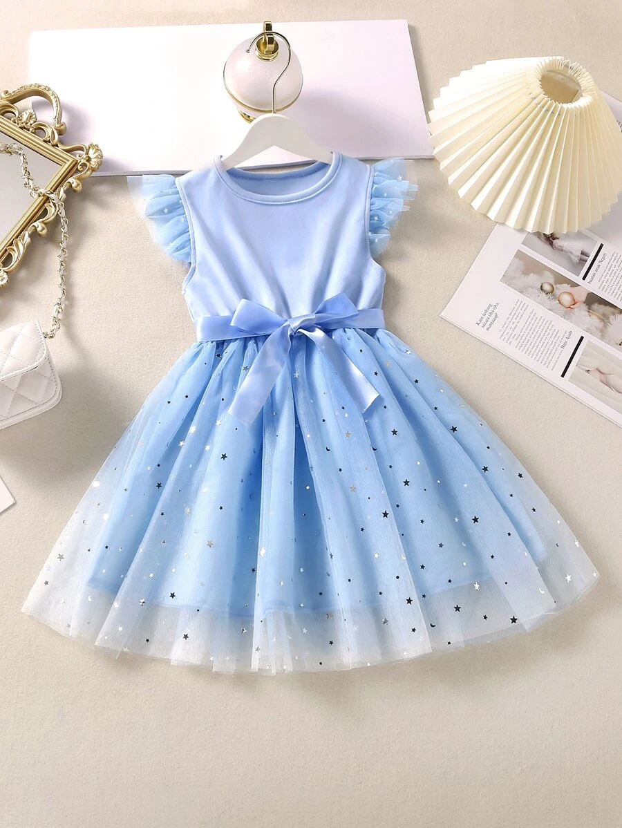 Niñitas Vestido con cinturón con estrella de malla ribete con fruncido - Celeste - Ver 1