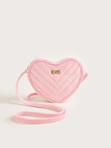 1pc Girl's Pink Plush Quilted Heart-Shaped Cute Crossbody Bag For Daily Use - Pink - View 2