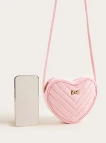 1pc Girl's Pink Plush Quilted Heart-Shaped Cute Crossbody Bag For Daily Use - Pink - View 5