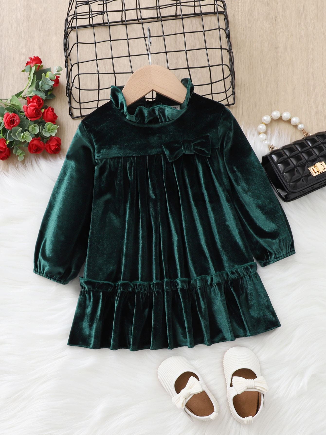 嬰兒褶邊前蝴蝶結荷葉邊絲絨連衣裙 - 墨綠色 - 查看 1