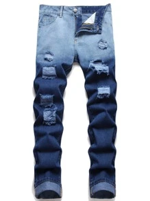 Jeans desgastados y desgarrados con degradado para hombres - Azul lavado medio - Ver 1