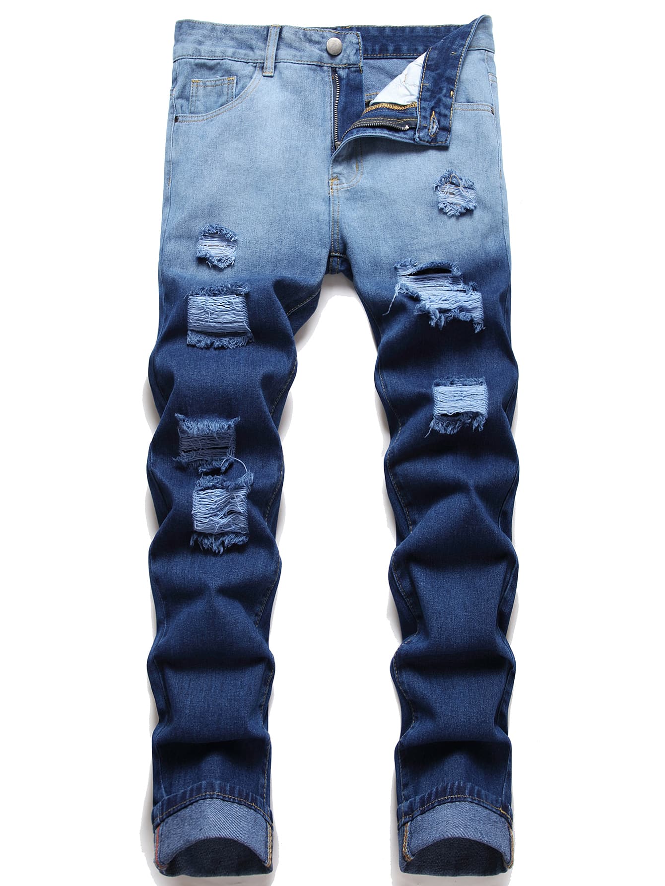 Jeans desgastados y desgarrados con degradado para hombres - Azul lavado medio - Ver 1