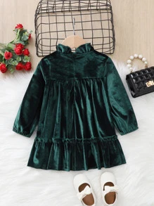 嬰兒褶邊前蝴蝶結荷葉邊絲絨連衣裙 - 墨綠色 - 查看 2