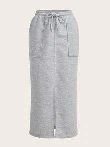 SHEIN EZwear Drawstring Waist Slant Pocket Split Hem Skirt - Light Grey - View 1