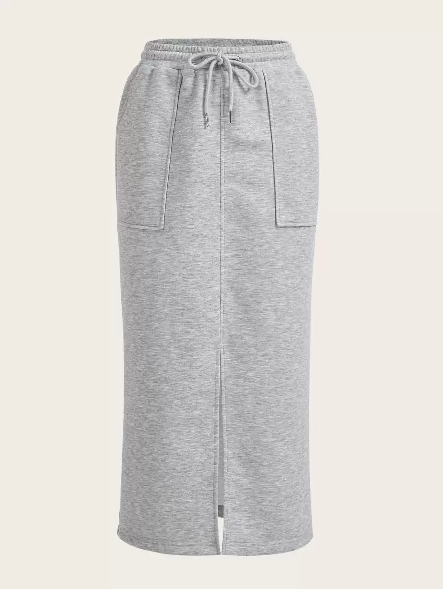 SHEIN EZwear Drawstring Waist Slant Pocket Split Hem Skirt - Light Grey - View 1