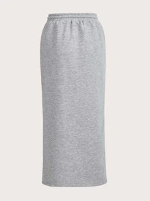 SHEIN EZwear Drawstring Waist Slant Pocket Split Hem Skirt - Light Grey - View 2