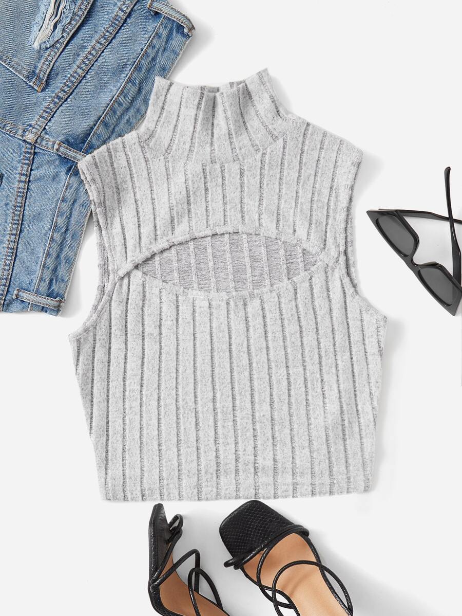 SHEIN EZwear Cut Out High Neck Tank Top - Grey - View 1