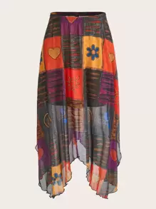 ROMWE PUNK 頹廢搖滾色塊拼接圖案不對稱下擺半身裙 - 彩色 - 查看 1