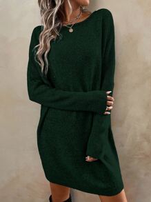 SHEIN LUNE Batwing Sleeve Jumper Dress - Dark Green - View 3