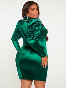 SHEIN SXY Plus Mock Neck Cutout Gigot Sleeve Satin Bodycon Dress - Green - View 2