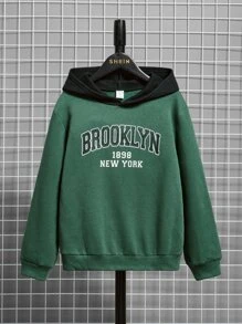 SHEIN Áo nỉ in chữ phối màu dành cho bé trai tuổi teen - Màu xanh lá cây đậm - Xem 3