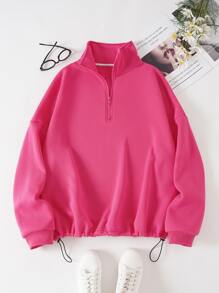 SHEIN EZwear Áo nỉ Plus Size Dây kéo màu trơn Giải trí - Màu Hồng Tươi - Xem 1