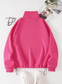 SHEIN EZwear Plus Letter Graphic Drawstring Hem Drop Shoulder Thermal Lined Sweatshirt - Hot Pink - View 2