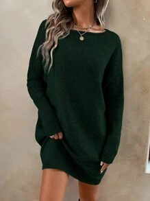 SHEIN LUNE Batwing Sleeve Jumper Dress - Dark Green - View 6