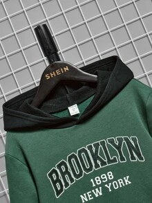 SHEIN Áo nỉ in chữ phối màu dành cho bé trai tuổi teen - Màu xanh lá cây đậm - Xem 4