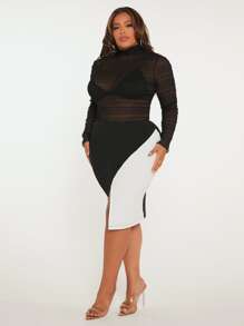 SHEIN SXY Plus Lettuce Trim Mock Neck Mesh Top Without Bra - Black - View 5