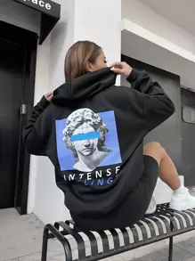 SHEIN Unity Figure & Letter Print Kangaroo Pocket Drawstring Hoodie - Black - View 1