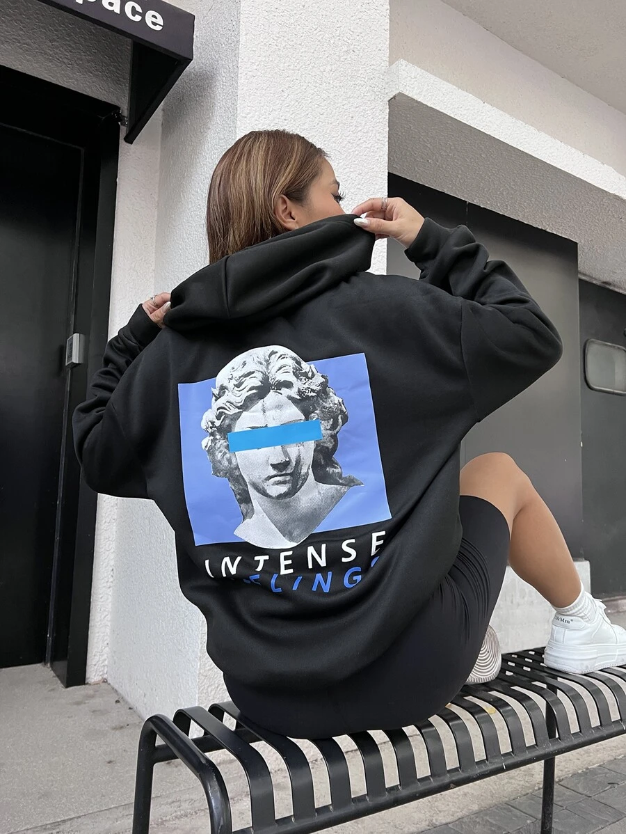 SHEIN Unity Figure & Letter Print Kangaroo Pocket Drawstring Hoodie - Black - View 1