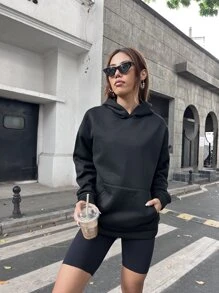 SHEIN Unity 標語和卡通印花袋鼠口袋落肩袖連帽衫 - 黑色 - 查看 2