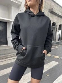 SHEIN Unity 標語和卡通印花袋鼠口袋落肩袖連帽衫 - 黑色 - 查看 3