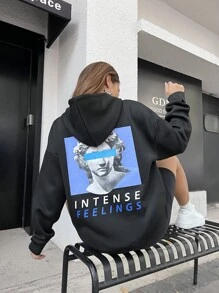 SHEIN Unity Figure & Letter Print Kangaroo Pocket Drawstring Hoodie - Black - View 4