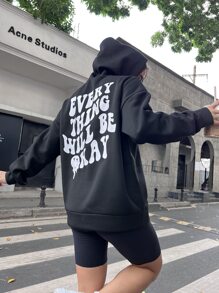 SHEIN Unity 標語和卡通印花袋鼠口袋落肩袖連帽衫 - 黑色 - 查看 4