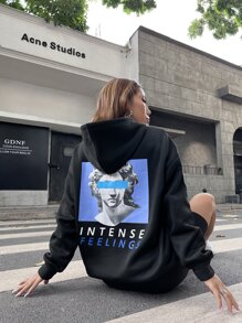 SHEIN Unity Figure & Letter Print Kangaroo Pocket Drawstring Hoodie - Black - View 5