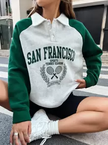 SHEIN MOOSTA Letter Graphic Contrast Raglan Sleeve Polo Neck Sweatshirt,Ladies Spring/Fall Casual Button Long Sleeve Polo Regular Fit Regular Multicolor Raglan Sleeve Half Placket Women Hoodies,Long Sleeve Tops Graduation,Back To School Outfits,Graduation,Teacher Outfits For Women,Back To School Pullover