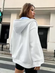 SHEIN Unity 字母图案拉链落肩连帽衫，适合毕业季、返校季、教师节等场合，女士款，秋季返校季卫衣 - 白色 - 查看 2