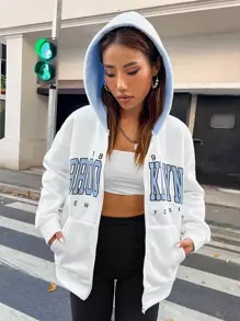 SHEIN Unity 字母图案拉链落肩连帽衫，适合毕业季、返校季、教师节等场合，女士款，秋季返校季卫衣 - 白色 - 查看 5