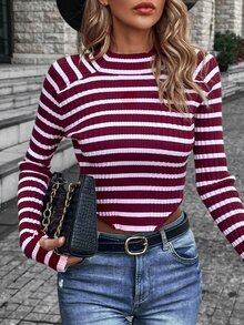 Áo len nữ Bất đối xứng Gân đan Sọc Giải trí - Đỏ và trắng - Xem 6