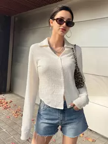 DAZY Camisa con botones delanteros sólidos, blusas de manga larga, ropa de otoño, blusas con estilo preppy - Beis - Ver 4