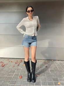 DAZY Camisa con botones delanteros sólidos, blusas de manga larga, ropa de otoño, blusas con estilo preppy - Beis - Ver 6