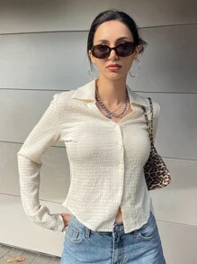 DAZY Camisa con botones delanteros sólidos, blusas de manga larga, ropa de otoño, blusas con estilo preppy - Beis - Ver 7