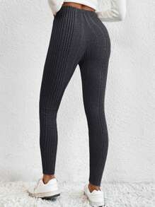 SHEIN EZwear Leggings unicolor tejido de canalé - Gris Oscuro - Ver 2