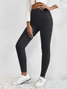 SHEIN EZwear Leggings unicolor tejido de canalé - Gris Oscuro - Ver 4