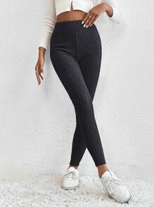 SHEIN EZwear Leggings unicolor tejido de canalé - Gris Oscuro - Ver 5