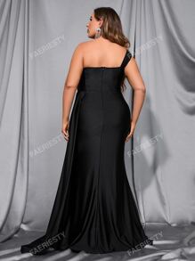 Plus One Shoulder Draped Split Thigh Satin Prom Dress