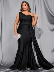 Plus One Shoulder Draped Split Thigh Satin Prom Dress - Black - View 4
