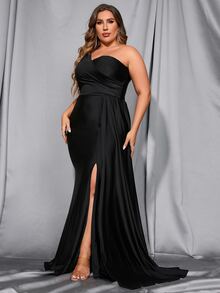 Plus One Shoulder Draped Split Thigh Satin Prom Dress - Black - View 6