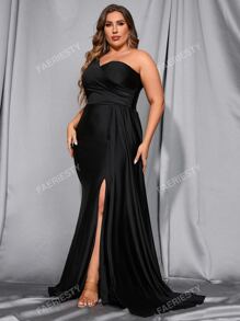 Plus One Shoulder Draped Split Thigh Satin Prom Dress