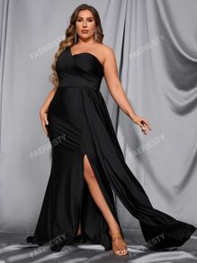 Plus One Shoulder Draped Split Thigh Satin Prom Dress