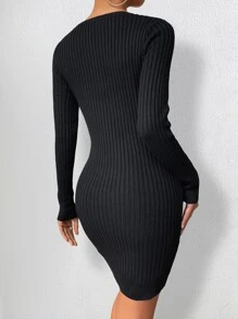 Ribbed Knit Jumper Dress - Black - View 2
