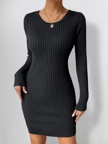 Ribbed Knit Jumper Dress - Black - View 3
