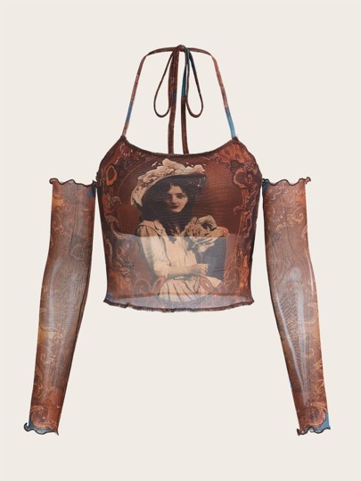 Top corto grunge con estampado de figura de cuello halter con mangas de brazo