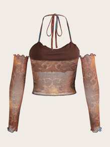 ROMWE PUNK Grunge Figure Graphic Halter Neck Crop Top With Arm Sleeves - Rust Brown - View 2