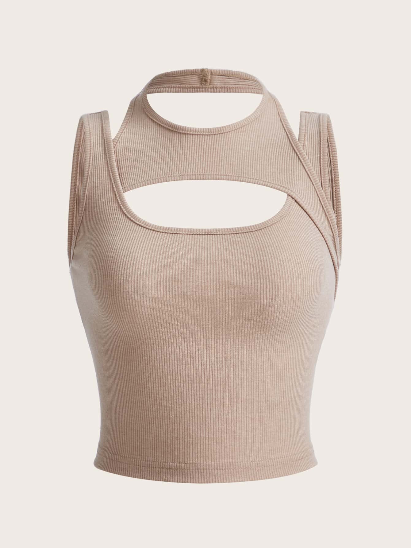 SHEIN EZwear Cut Out Tank Top - Beige - View 1